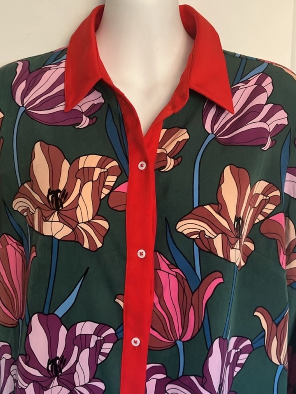 Icône Simons Floral Button-Front Blouse in Forest Green with Red Trim